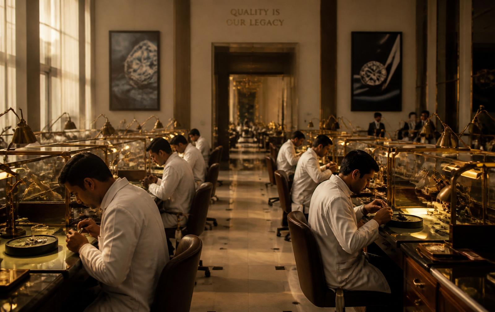 Master craftsmen at illuminated workbenches inside the Netaji Jewels atelier