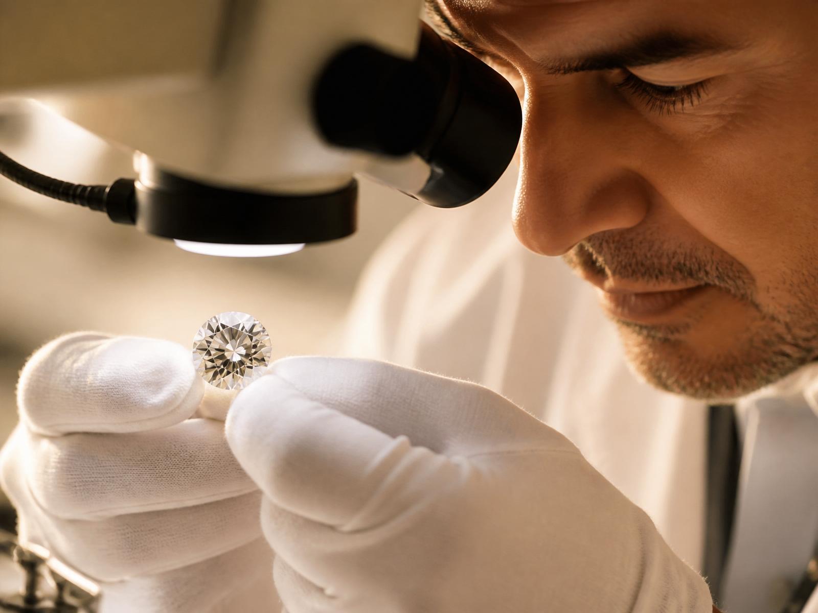 Diamond expert inspecting a polished diamond under a gemological microscope