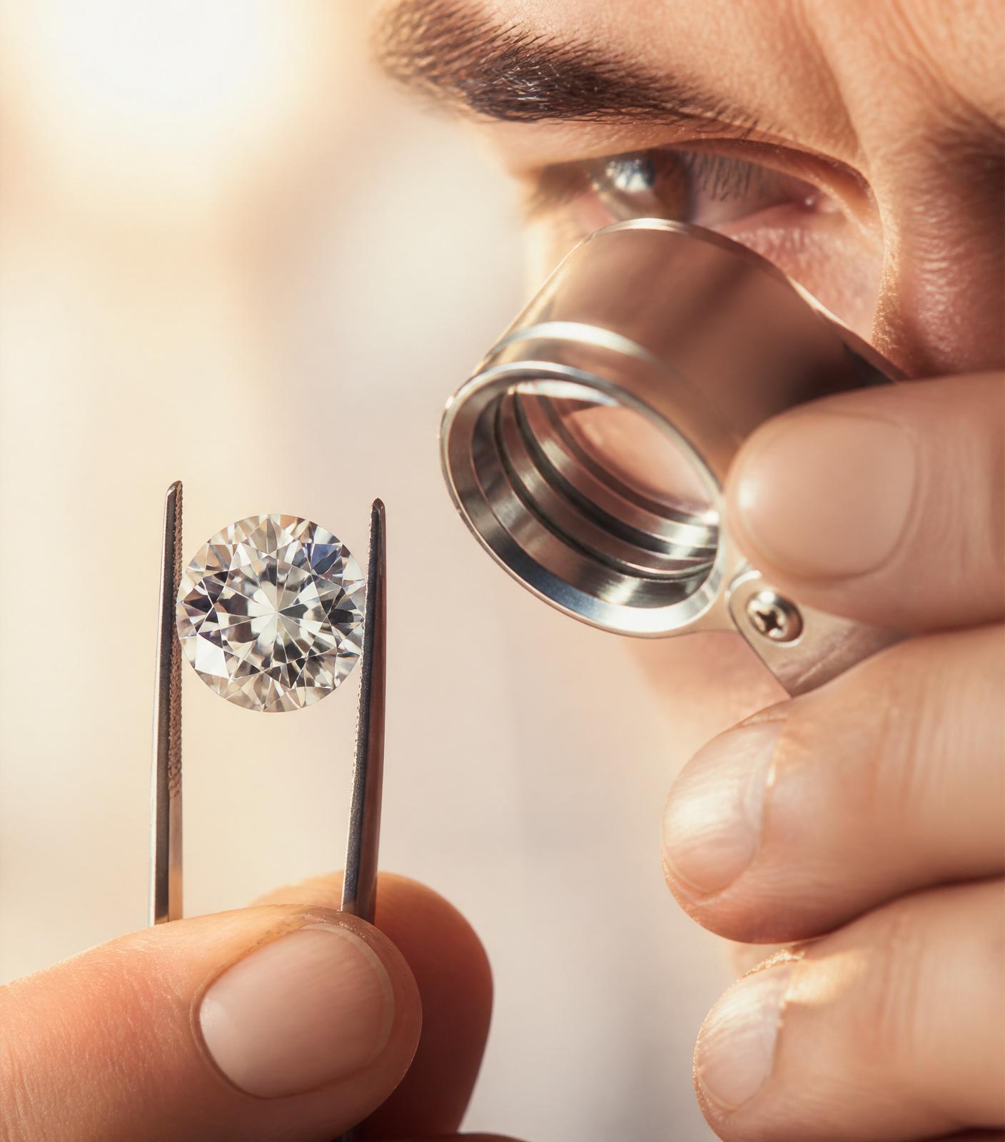 Gemologist inspecting a certified brilliant diamond